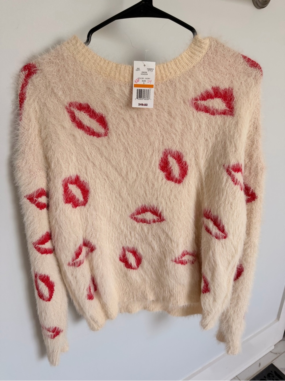 Cream Fuzzy Sweater with Red Lip Motif